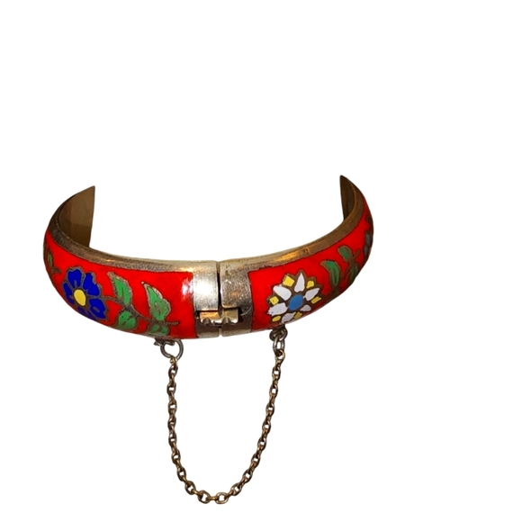 Vintage Cloisonné Red Enamel Flower Hinged Bangle Bracelet - Picture 1 of 4